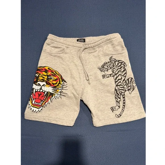 Ed Hardy Mens Tiger Graphic Fleece Sweat Shorts Gray Y2K Streetwear Size M