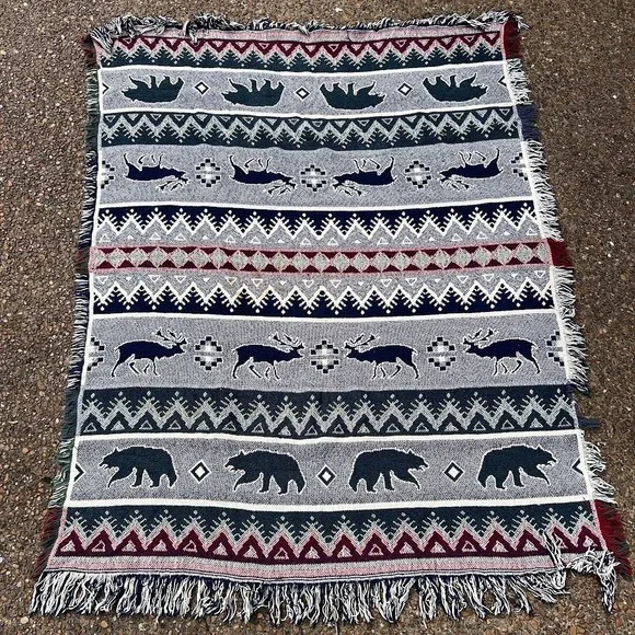Vintage‎ Geometric Animal Woven Fringe Tapestry Blanket Cabin Lodge