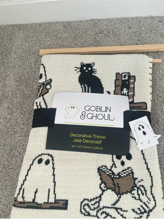 NWT Viral Halloween Goblin & Ghoul Ghost Reading Book Black Cat Throw