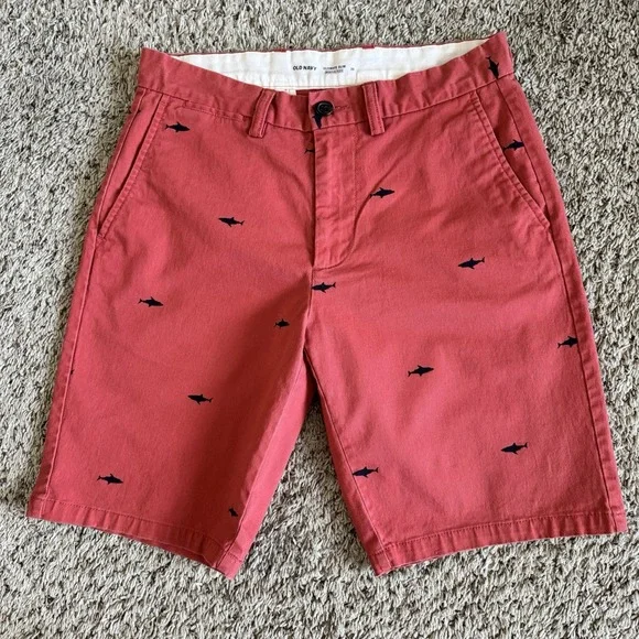 Old Navy Ultimate Slim Shorts 30 Red‎ Shark Print Chino Casual Summer