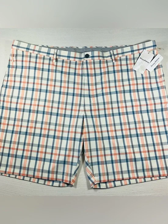 NWT TOMMY BAHAMA Men's Seaside Caddy Stretch UPF Ivory Plaid Flat Front Shorts