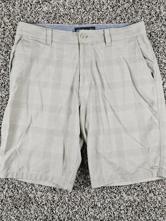 O'Neill Mens Sz 32 Flat Front Chino Style Shorts Cream Plaid Y2K