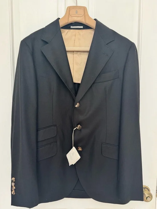 NWT Brunello Cucinelli Black Three-Button Notch Lapel Blazer and Pants, EU 46