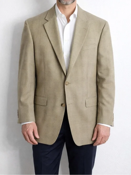 Oscar De La Renta Men’s Taupe Plaid Wool Blazer 46 Long Business Casual Workwear