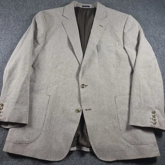 Stafford Linen Cotton Sport Coat Mens 44S Beige Houndstooth Blazer Jacket Summer