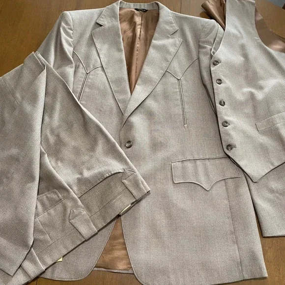 Vintage H-Bar-C Ranchwear Mens 3 Piece Western Suit Tan Beige USA 45 Blazer Vest