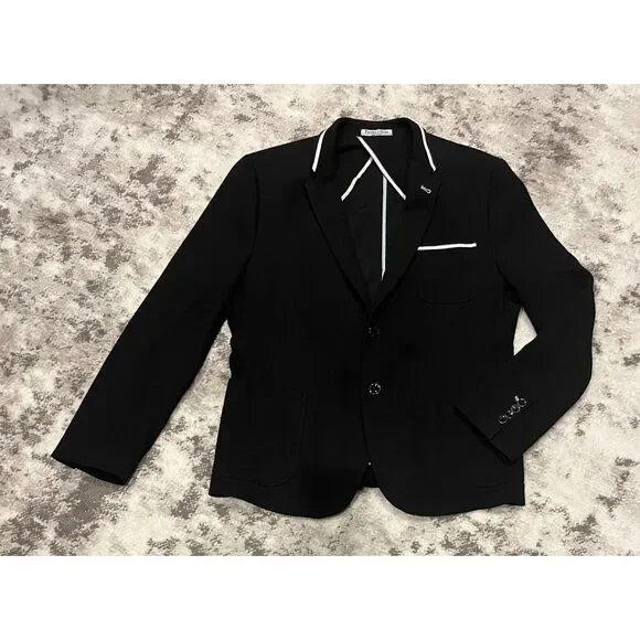 Paisley & Gray Men's Black Knit Blazer White Contrast Piping Pockets Sz XL