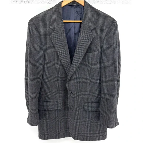 Burberrys Vintage Mens Grey Glen Plaid Camel Hair Blazer Sport Coat Overcheck