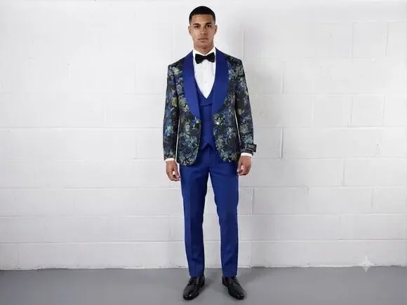 Pietro Scarlatti Mens Suit Tuxedo US 38 EU 48 Floral Blazer Vest Pants Blue T4
