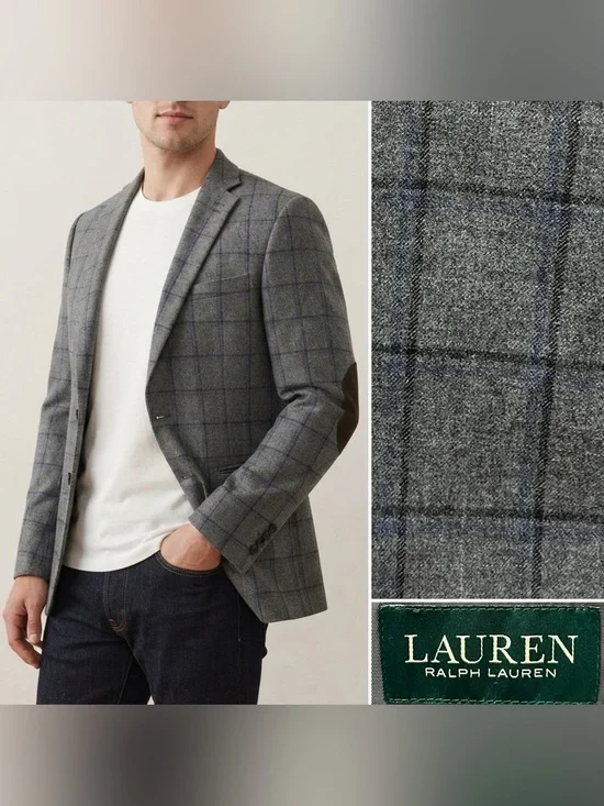 Ralph Lauren Men's 38R Gray Plaid Brown Elbow Patches Wool Blazer Jacket Coat