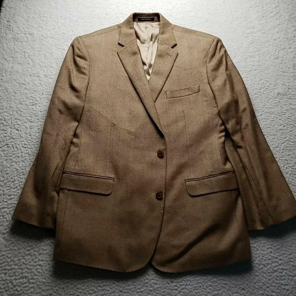 Lauren Ralph Lauren Blazer Mens 46R Brown Herringbone Silk Wool Slim Sport Coat