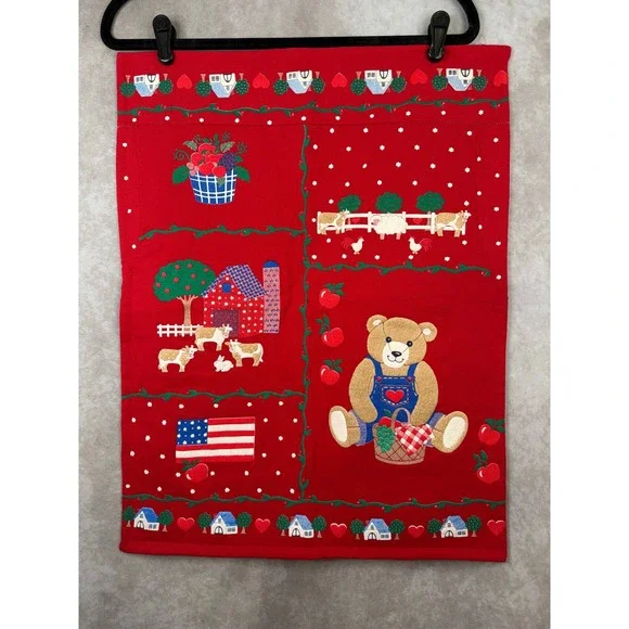 VTG 90s Red Farmhouse Blue Jean Teddy‎ Bear Americana Handmade Puff Pillowcase