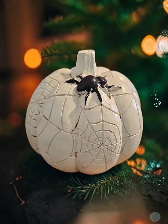 Spooky Pumpkin Décor – White Pumpkin with Spider & Web Carvings – Halloween