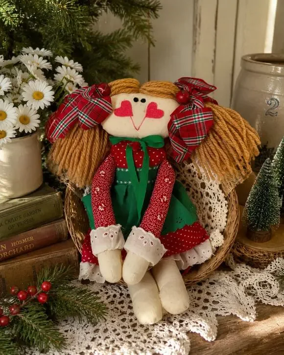 Handmade Christmas Angel Rag Doll with Plaid Wings, Vintage-Style Holiday Decor