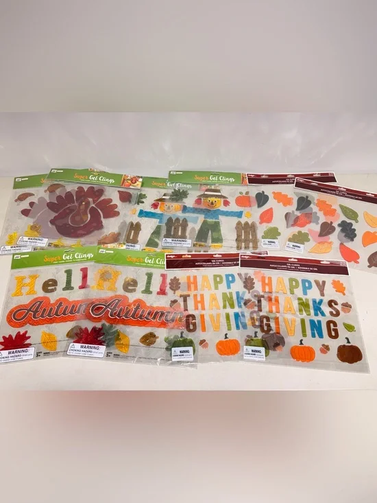10 Pack Fall / Autumn / Thanksgiving Window Gel Clings - Turkey Leaves Pumpkins