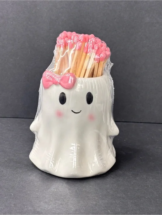 Kirkton House Halloween Matches Holder Ghost Pink Pastel Bow Aldi Exclusive NWT