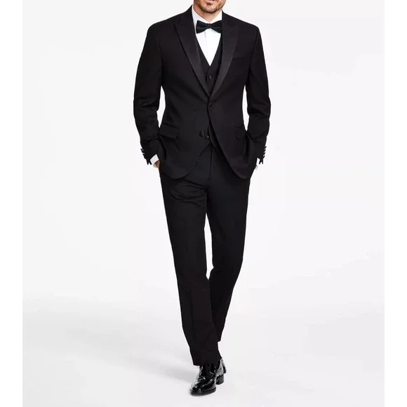 Alfani Mens Slim fit 2-pc Tuxedo Suit Jacket 42R Black Solid Pants 38W 30L