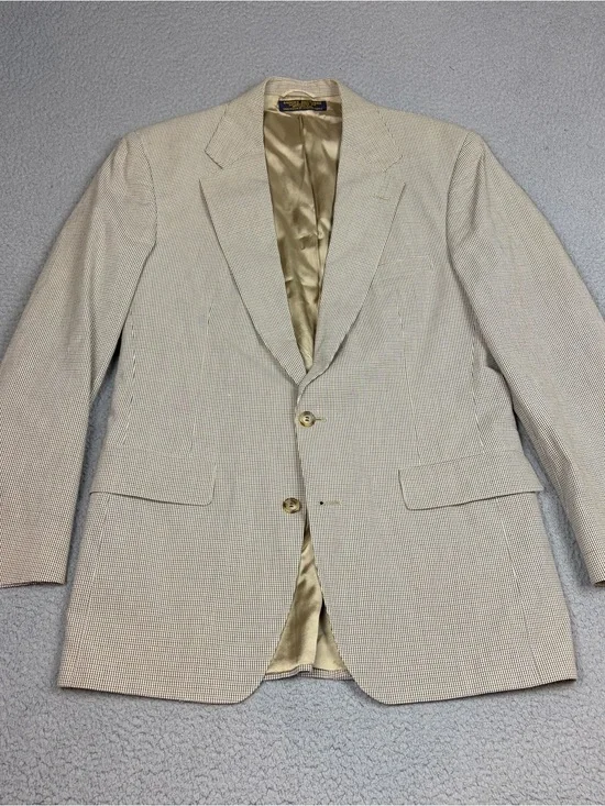 Vtg Brooks Brothers 1818 Blazer Men 43L Beige Silk Linen Wool Gunclub Check USA