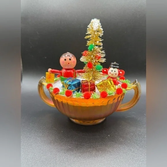OOAK Christmas Assemblage Decor Vintage Wooden Ornaments and Carnival Glass