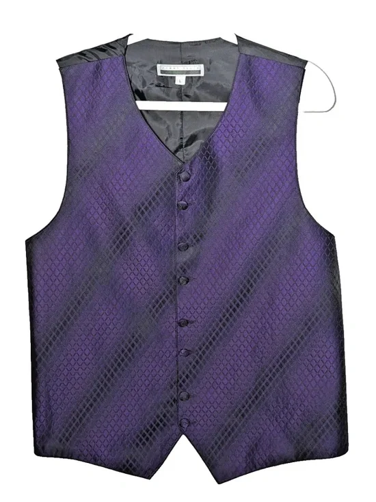 Perry Ellis Suit Vest Men's L Purple Black 8 Button Dress Formal Wedding Belted