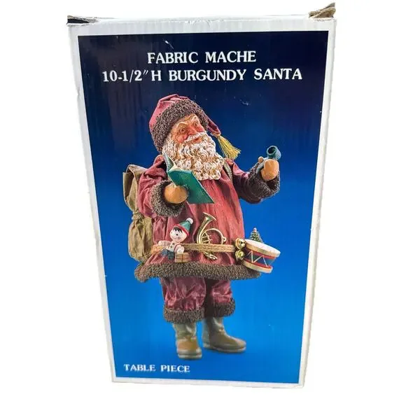 Kurt Adler Santa’s World Fabric Mache 10.5” Burgundy Santa w/ Toys & Box VTG