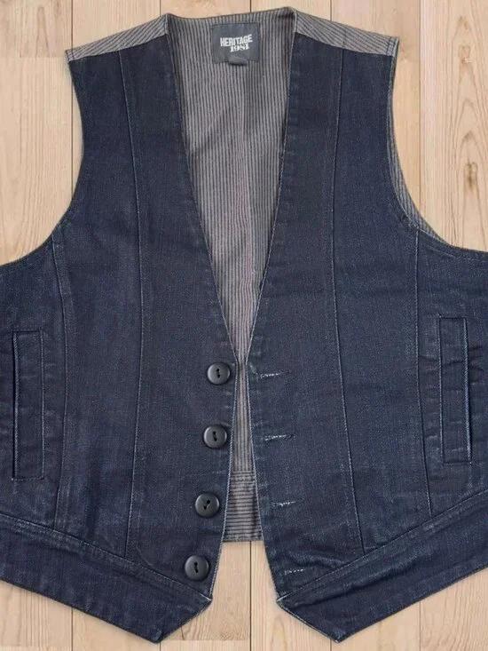 Heritage 1981 Mens Medium black denim vest with gray pinstripe lining // Unisex