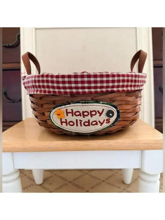 Vintage Country charm Christmas holiday basket with a red gingham fabric liner.