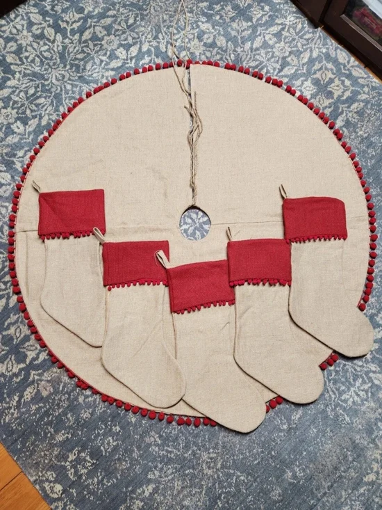 Holiday Stocking Tree Skirt Set Burlap with Red Pom Pom Trim