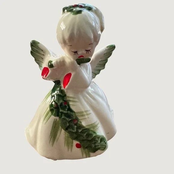 Vintage Lefton Christmas Angel Figurine 6394 Japan Ceramic Holly Garland Holiday
