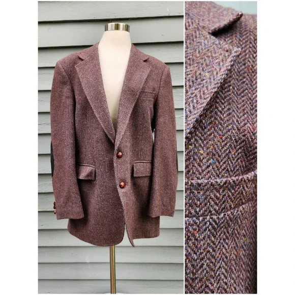 Vintage Foreman & Clark Blazer Purple‎ Brown Herringbone Tweed Elbow Patches Lg