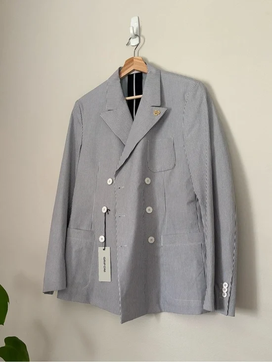 Mauro Grifoni Lightweight Cotton Blend Double Breasted Striped Nautical Blazer