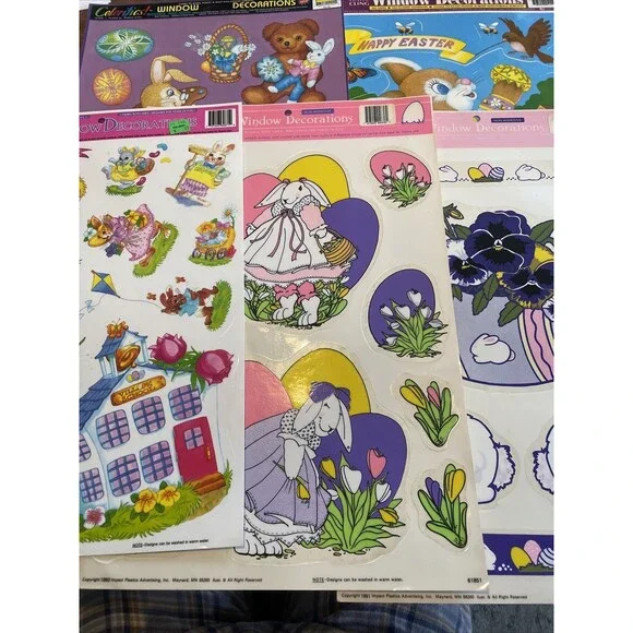 5 Vintage Easter Spring Vinyl Window Clings Bunny Colorful Eggs Birds Artist