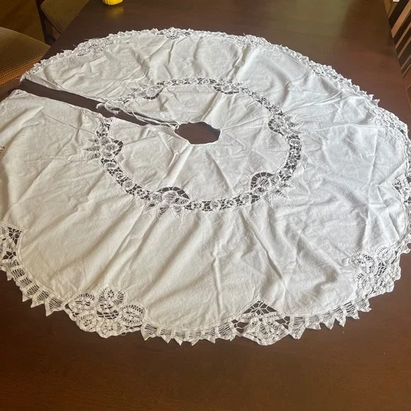 Vintage Battenburg Lace Christmas Tree Skirt Off White Scalloped 43