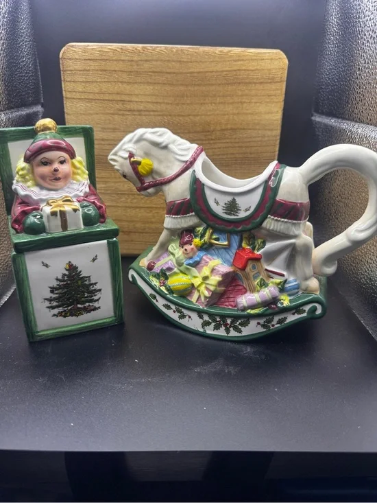 Spode Hand-Painted Rocking Horse Creamer & Jack-In-The-Box Sugar Bowl NEW