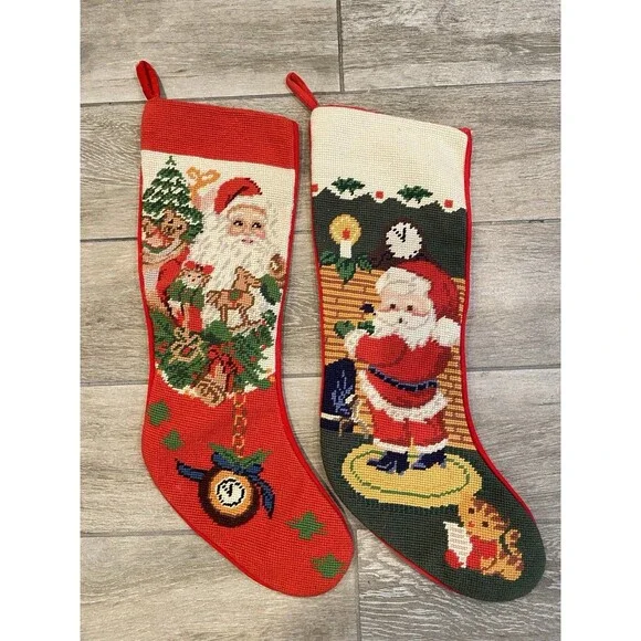 2x Vintage 1990s Needlepoint Hanging Christmas Stockings Santa And Cat