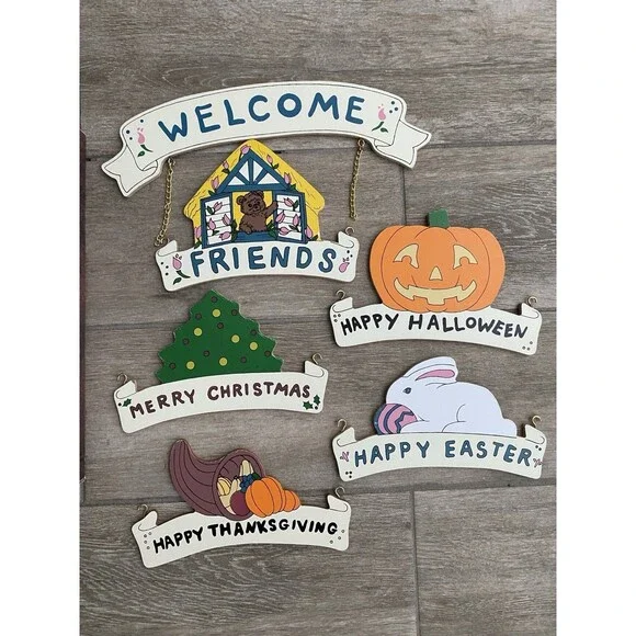 Vintage Hanging Wooden Holiday Welcome Sign Easter Halloween Christmas Friends