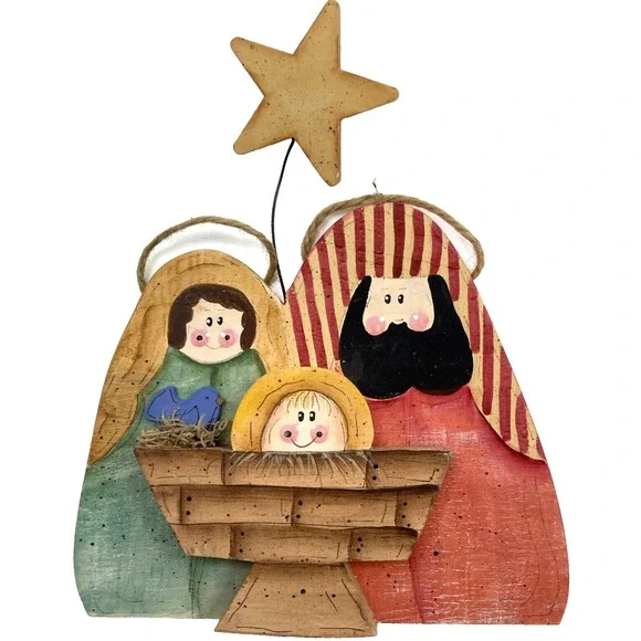 Vtg Country Handmade‎ Mary Joseph Baby Jesus Major Nativity Wooden Handpainted
