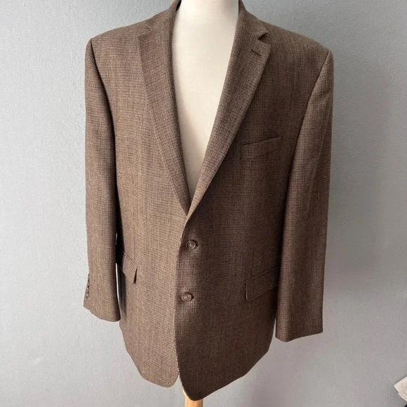 Chaps Blazer Mens 48R Brown Houndstooth 100% Wool Two Button Sport Coat Classic