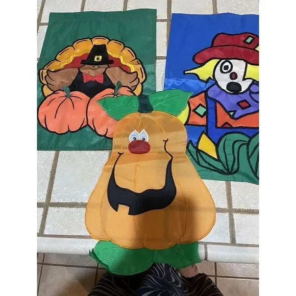 THREE Yard Flags Turkey, Scarecrow and  Pumpkin Double‎ Sided Yard Flag 12X16