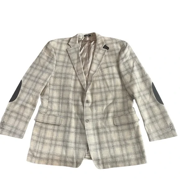Paul Fredrick Men's Size 48L Blazer Suit Jacket Cream Ivory Plaid Elbow Patch