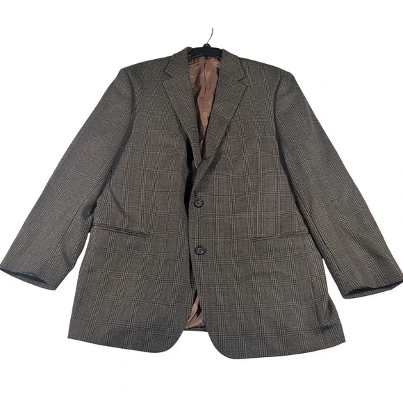 Lauren Ralph Lauren Sport Coat Mens 44L Brown Glen Plaid 100% Wool Blazer Jacket