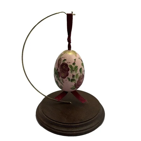 Vintage Hand Painted Pink Butterfly Flower‎ Easter Egg Ornament w/Stand