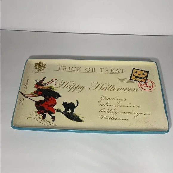 Vintage Looking Halloween Trick or Treat Rectangular Serving Plate 13x8 1/2