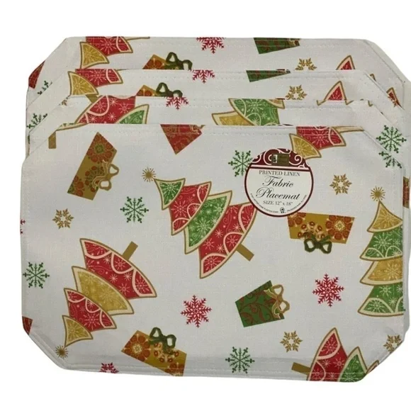 Printed Linen Fabric Placemats Christmas Holiday Reversible 12 in X 18 in White