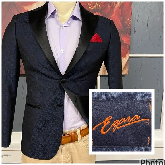 Egara Dinner Jacket Tuxedo Mens 36S Short Slim Fit Polyester Rayon‎ Navy/Black