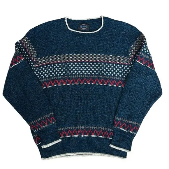 Vintage 80s Jantzen Wool Blend Fair Isle Nordic Sweater Blue Made in USA Size L