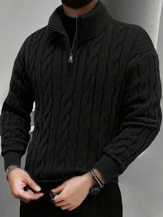 Black Casual Men's Winter Rib-Knit Drop Sleeve Half-Zip Polo Sweater