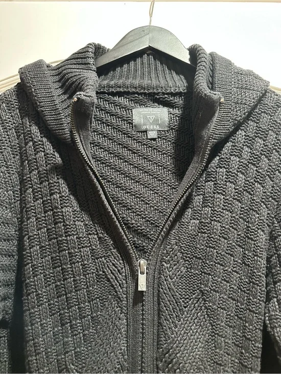 GUESS Men's Black Cable Knit Zip-Up Hoodie Sweater