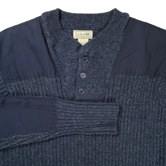 LL Bean Commando Henley Sweater Men Large Navy Merino Lambswool Ribbed Patches
