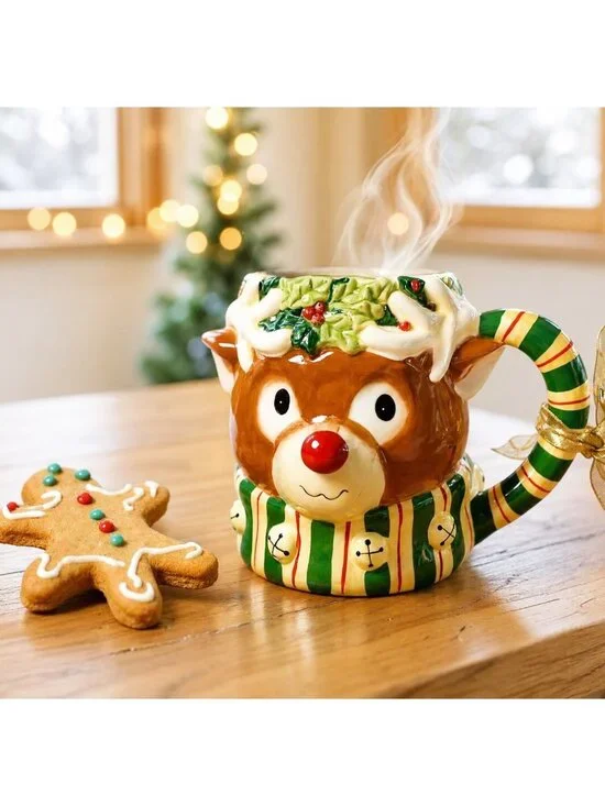 Hand-Painted Ceramic Reindeer Festive Holiday Mug By Susan Winget 14oz Christmas